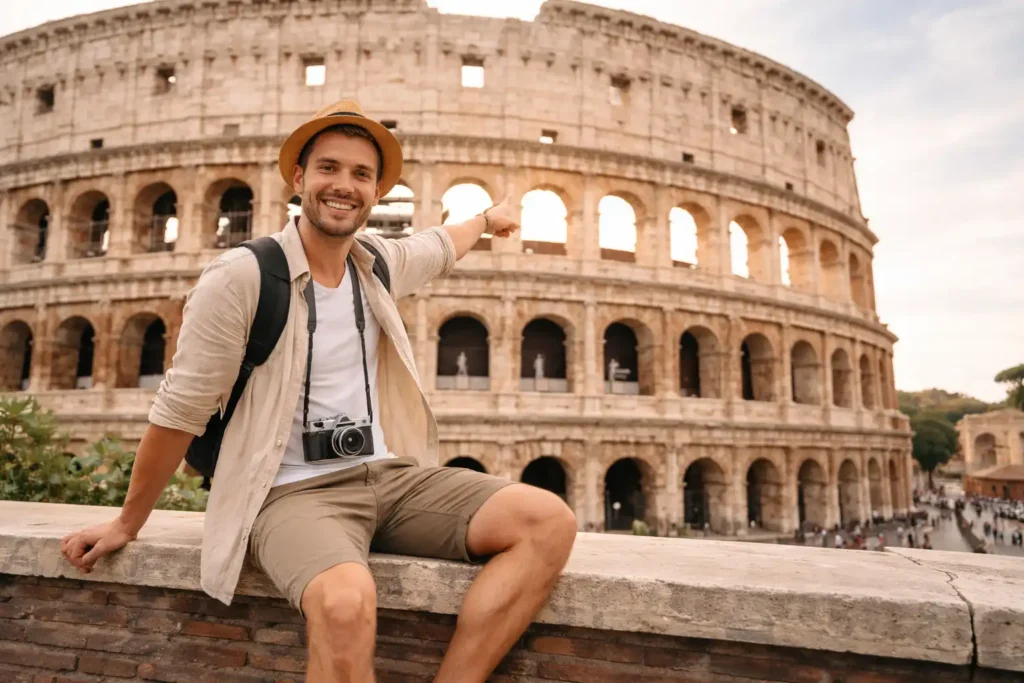 Traveler in front of the Colosseum in Rome