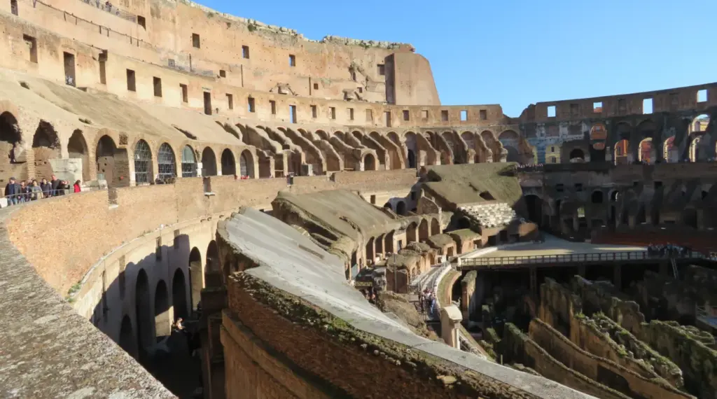 Interior of the Colosseum showing the arena and underground structure