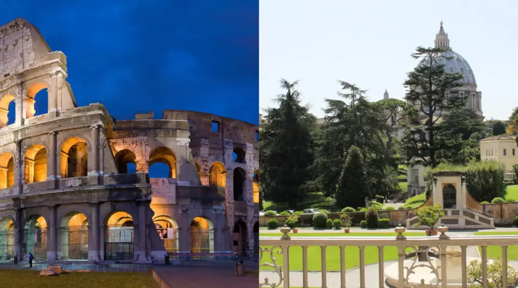 Split view of the Colosseum and St Peter’s dome seen from the Vatican Museums in Rome