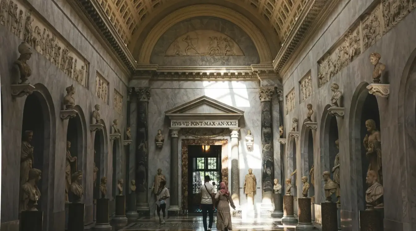 Gallery of the Vatican Museums with classical statues and skylights