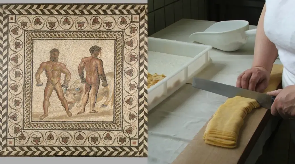 Roman mosaic detail beside fresh pasta being cut by hand