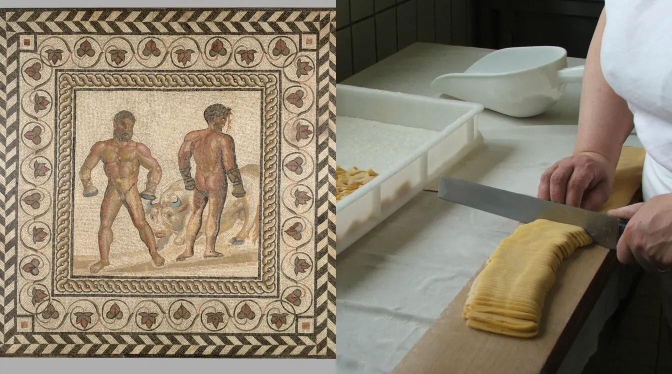 Roman mosaic detail beside fresh pasta being cut by hand
