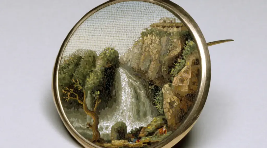 Italian micromosaic brooch depicting the waterfalls at Tivoli near Rome