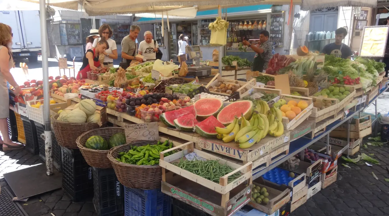 Grocery stalls at Campo de’ Fiori market in Rome