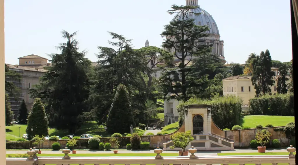 View from the Vatican Museums toward the dome of St Peter’s Basilica