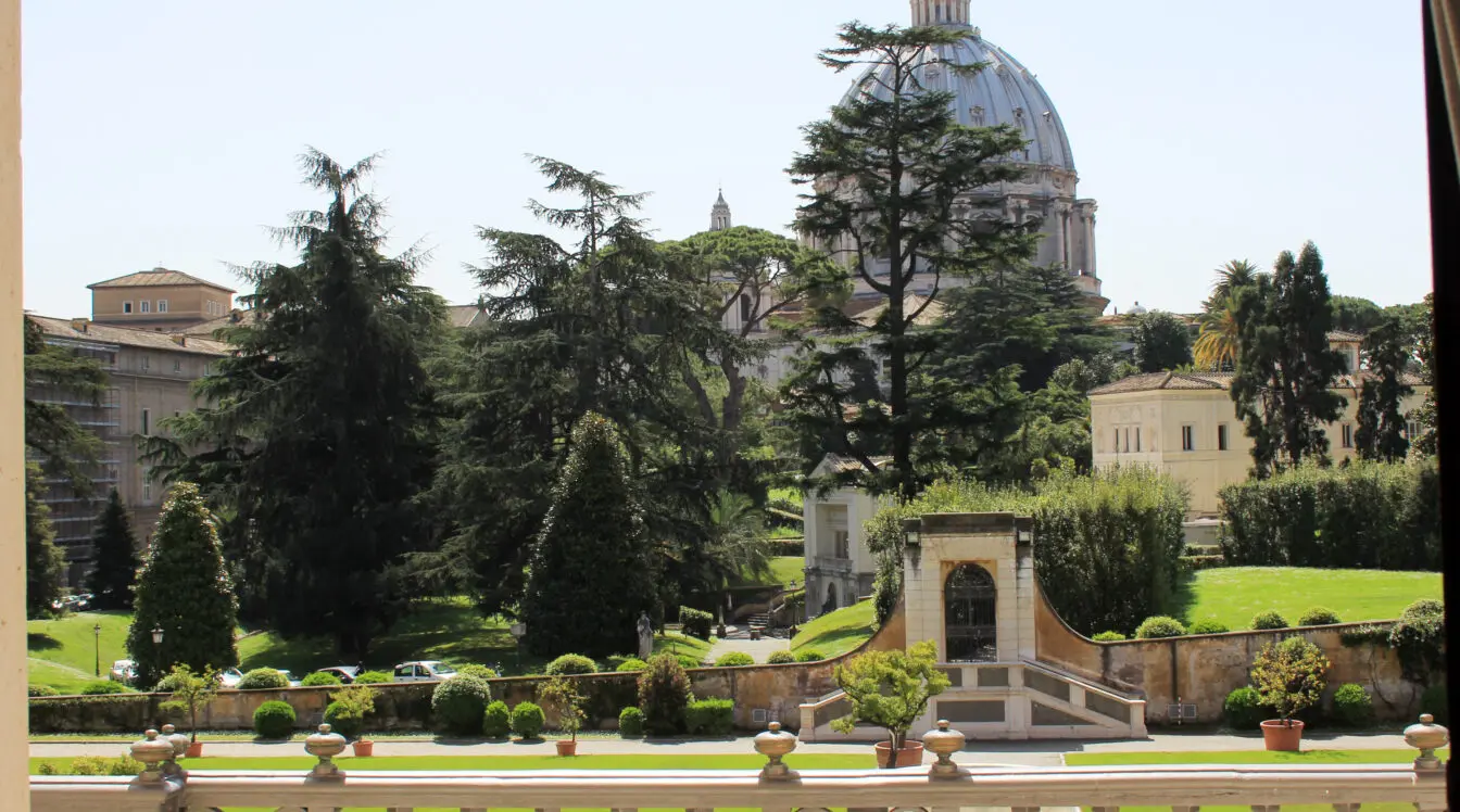 View from the Vatican Museums toward the dome of St Peter’s Basilica
