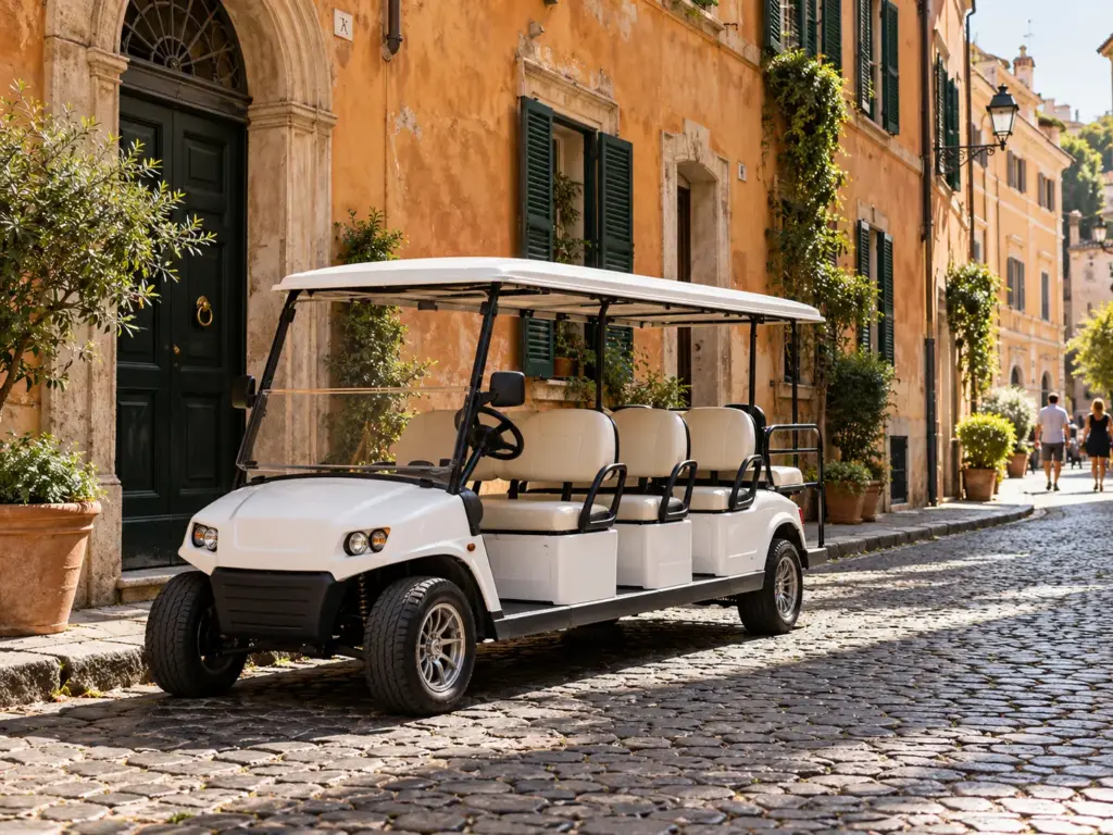 White golf cart on a sunlit street in Rome, illustrative image